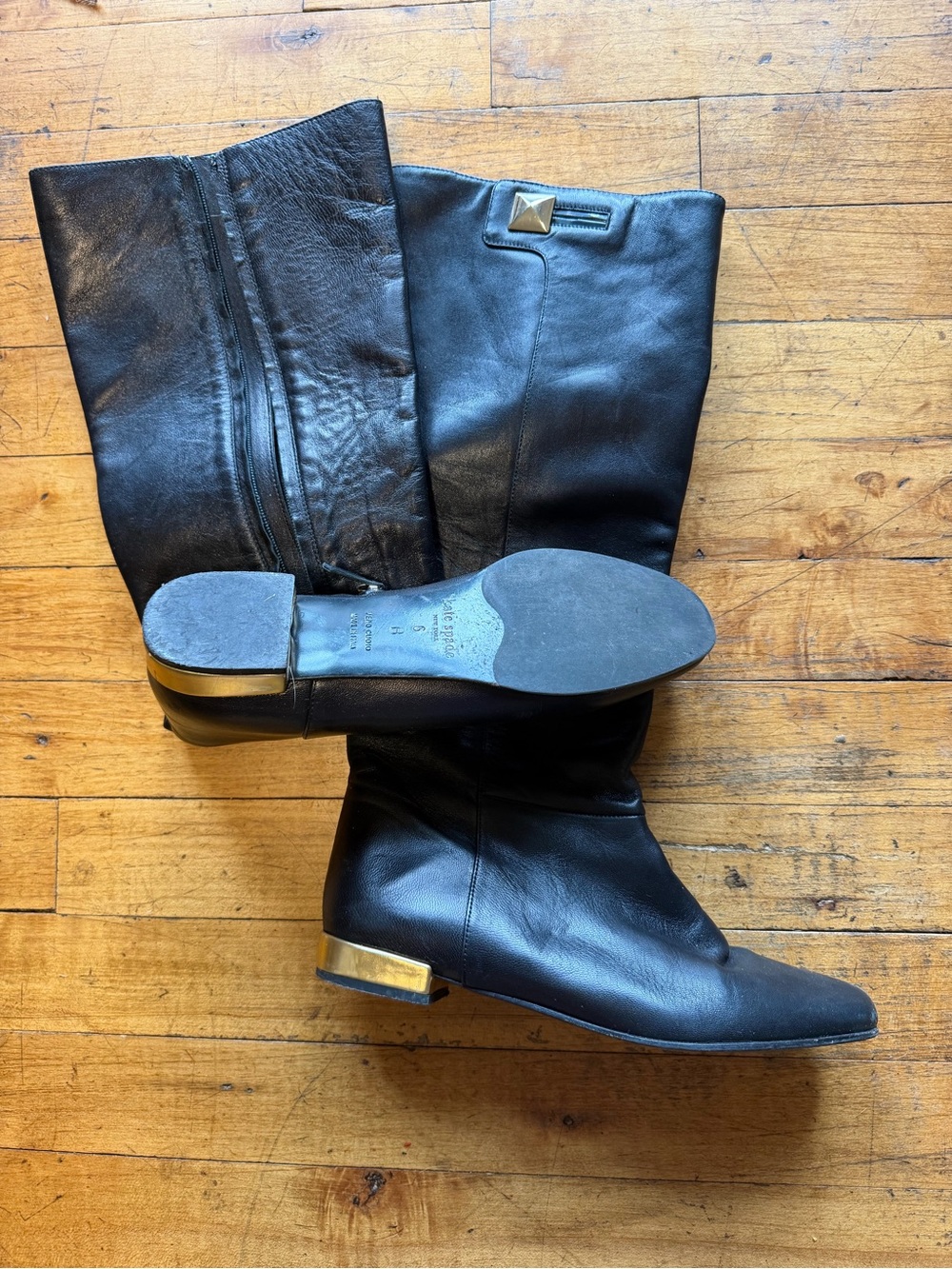 Kate Spade New York Black Leather Knee High Riding Boots Gold Heel Accent Size 6